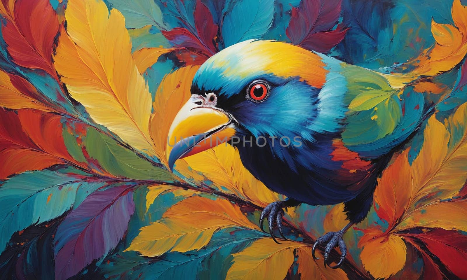 A striking painting of a vibrant bird amidst a backdrop of colorful foliage. The bold hues and intricate details capture the eye.