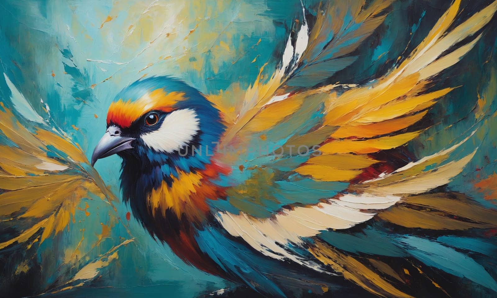 A striking painting of a vibrant bird amidst a backdrop of colorful foliage. The bold hues and intricate details capture the eye.