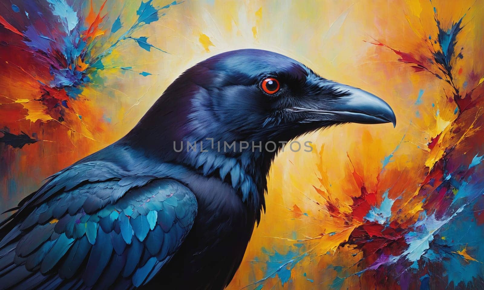 A breathtaking piece of art that captures the raven's gaze against a backdrop of vibrant colors. The painting's expressive brushstrokes and bold colors evoke a sense of mystical enchantment.