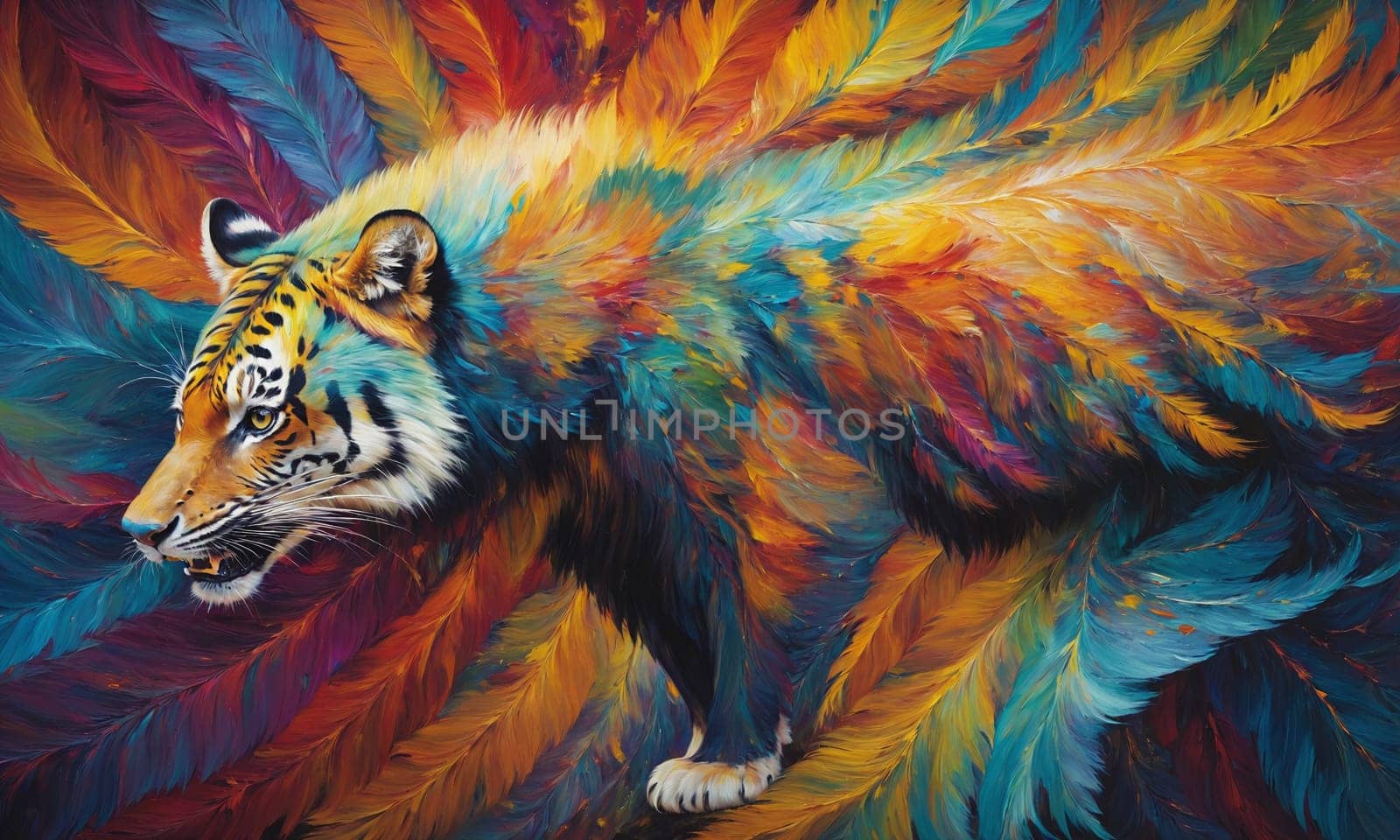 Stunning oil painting of a tiger with colorful fur. Vibrant hues and expressive brush strokes bring this work of art to life, imbuing it with strong emotion and energy.