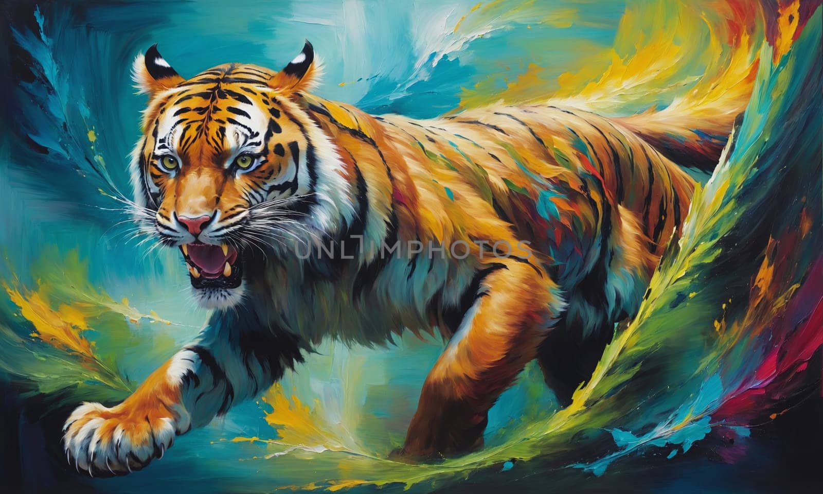 Stunning oil painting of a tiger with colorful fur. Vibrant hues and expressive brush strokes bring this work of art to life, imbuing it with strong emotion and energy.