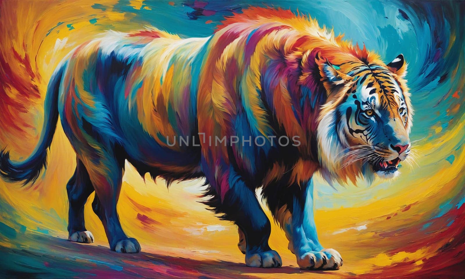 Stunning oil painting of a tiger with colorful fur. Vibrant hues and expressive brush strokes bring this work of art to life, imbuing it with strong emotion and energy.