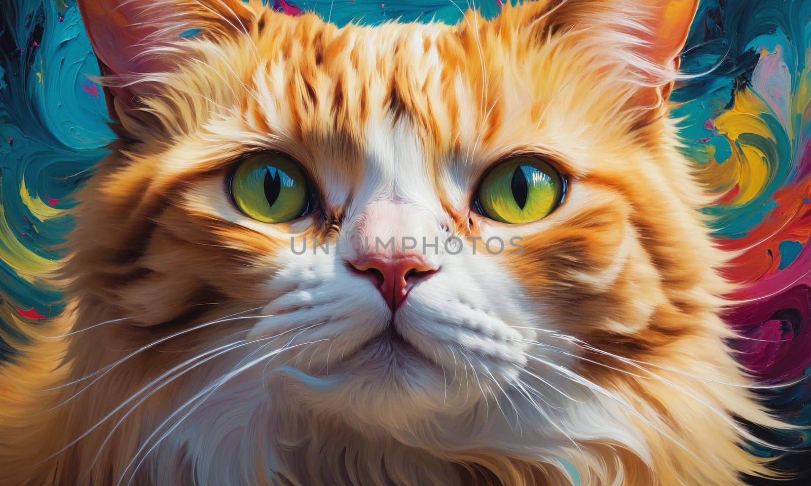 A captivating oil painting showcasing a cat with a fusion of vibrant colors. The intricate brushwork highlights the feline s mesmerizing eyes and textured fur.