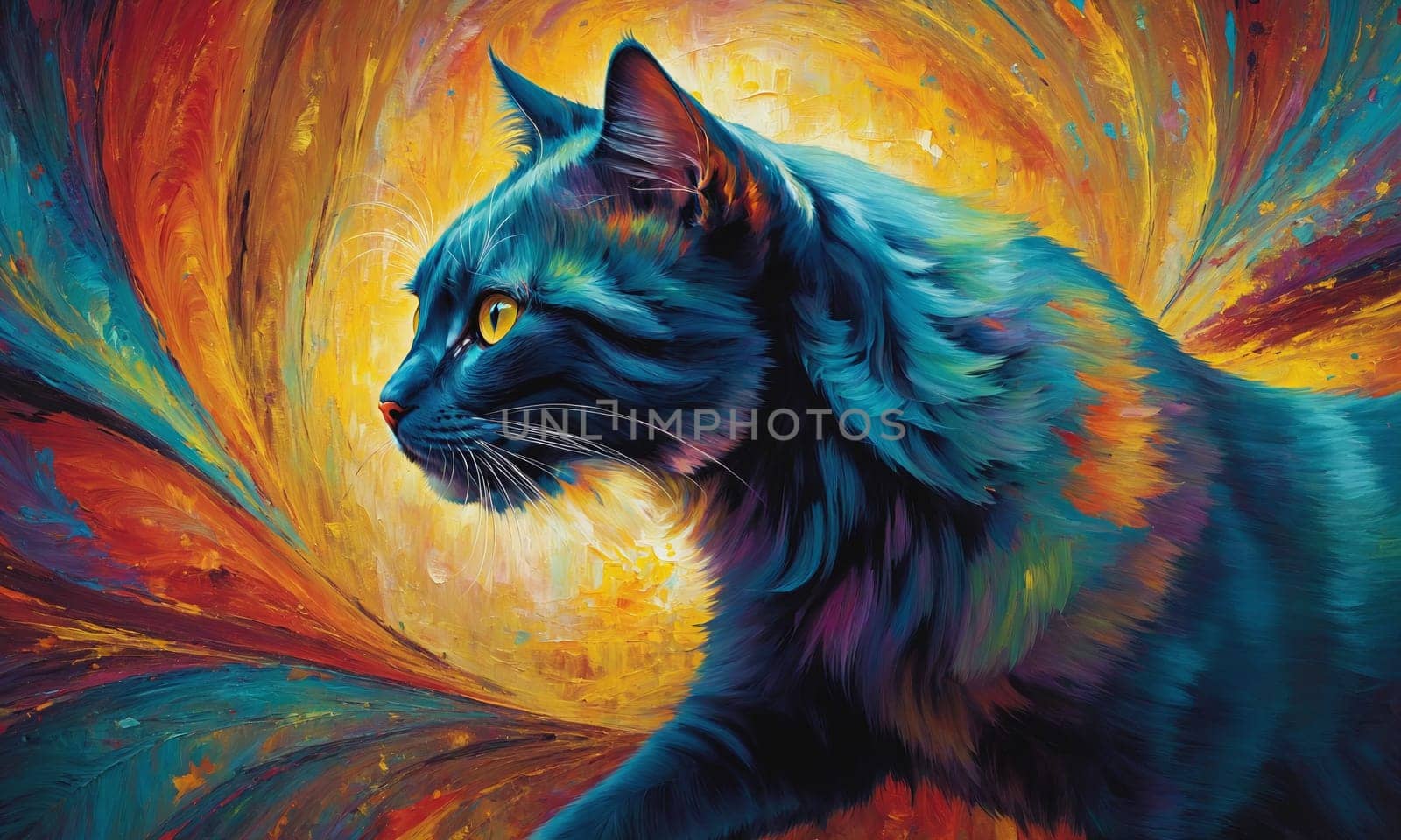 A captivating oil painting showcasing a cat with a fusion of vibrant colors. The intricate brushwork highlights the feline s mesmerizing eyes and textured fur.