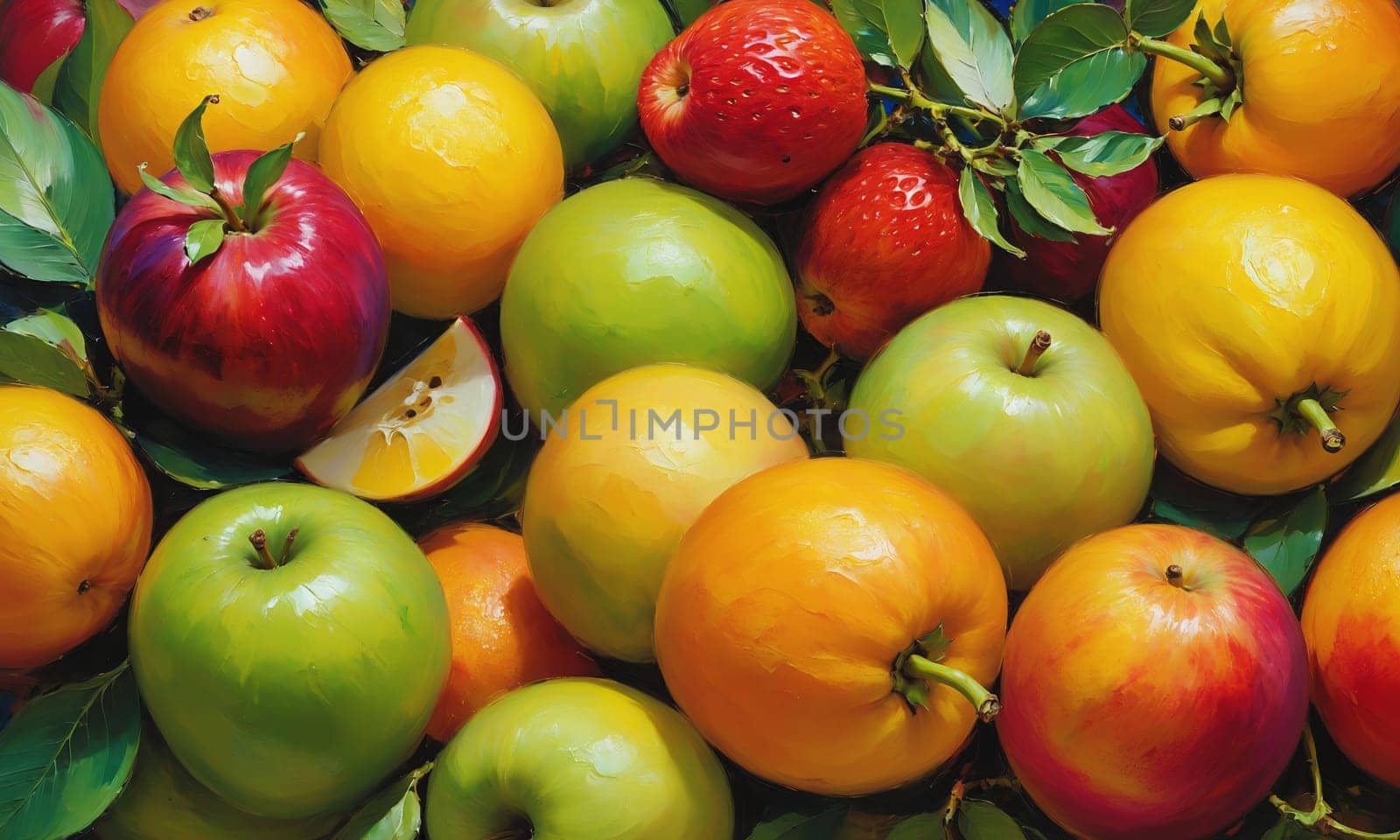 A stunning oil painting showcasing a variety of fresh and colorful apples with leaves in a decorative bowl. The vivid colors and rich textures bring the artwork to life.