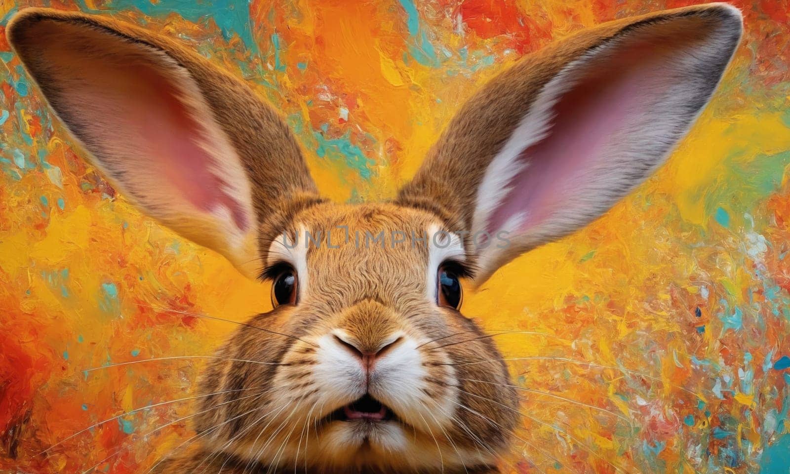 A captivating oil painting showcasing a majestic rabbit amidst a burst of vibrant colors. The detailed brushwork brings the subject to life against an abstract backdrop.