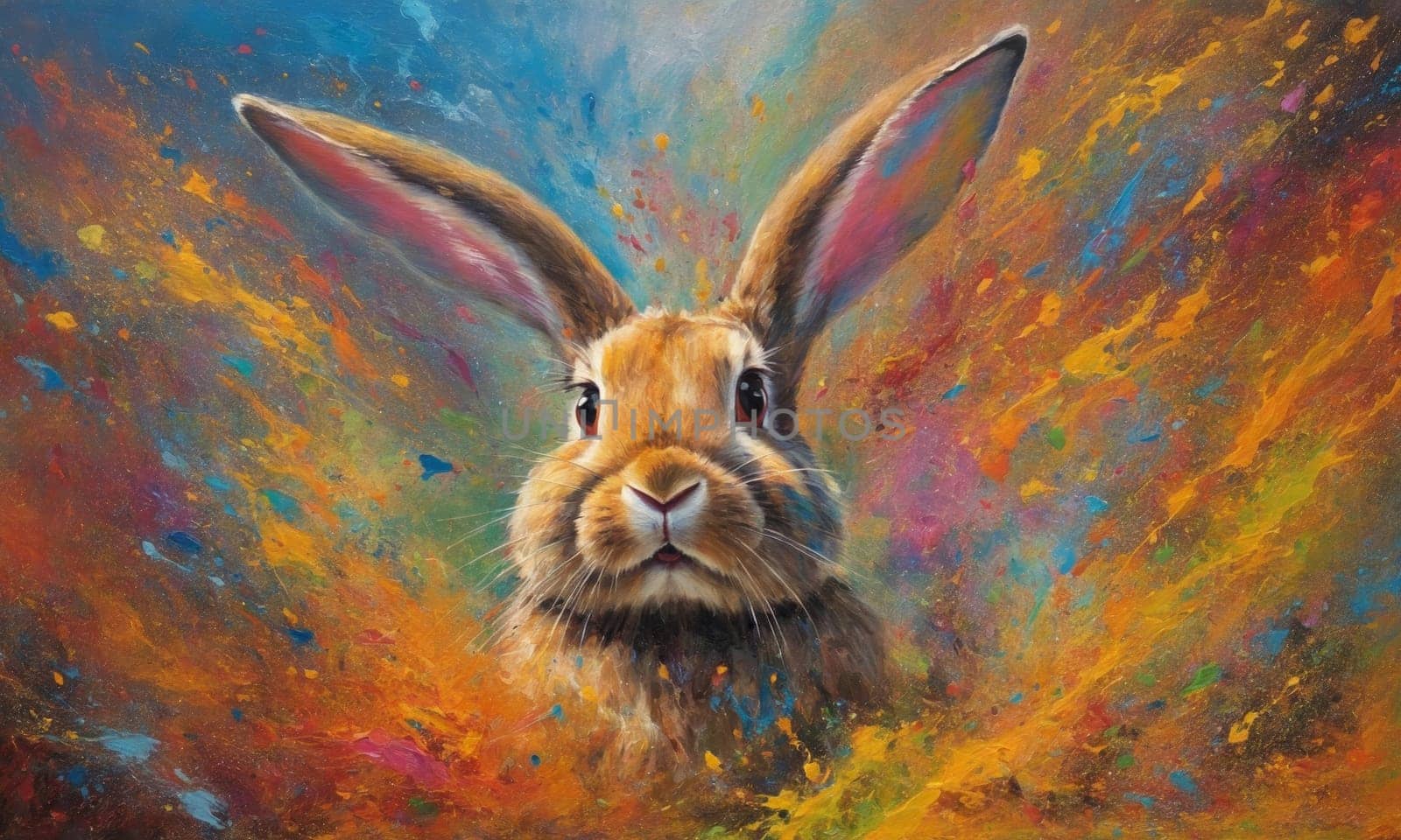 A breathtaking oil painting of a cute bunny amidst a riot of colorful flowers. Detailed brushwork brings the Easter Bunny to life against an abstract background.