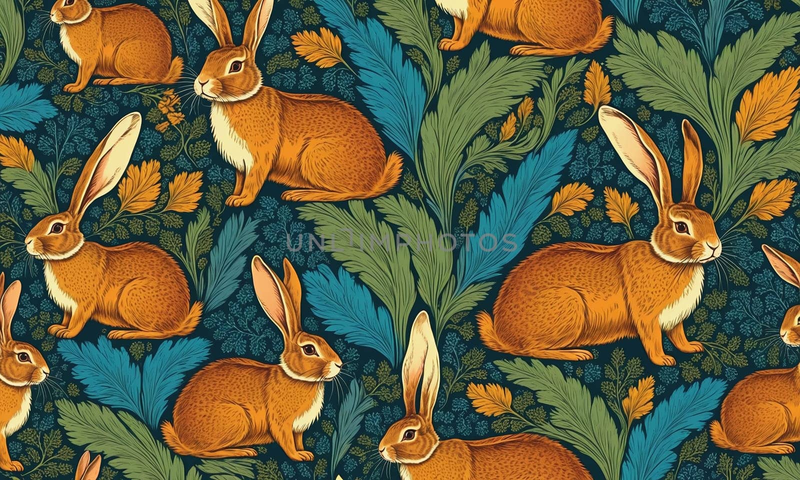 A captivating illustration featuring brown rabbits amidst lush green foliage. The detailed artwork captures the essence of a vibrant and lively natural habitat.