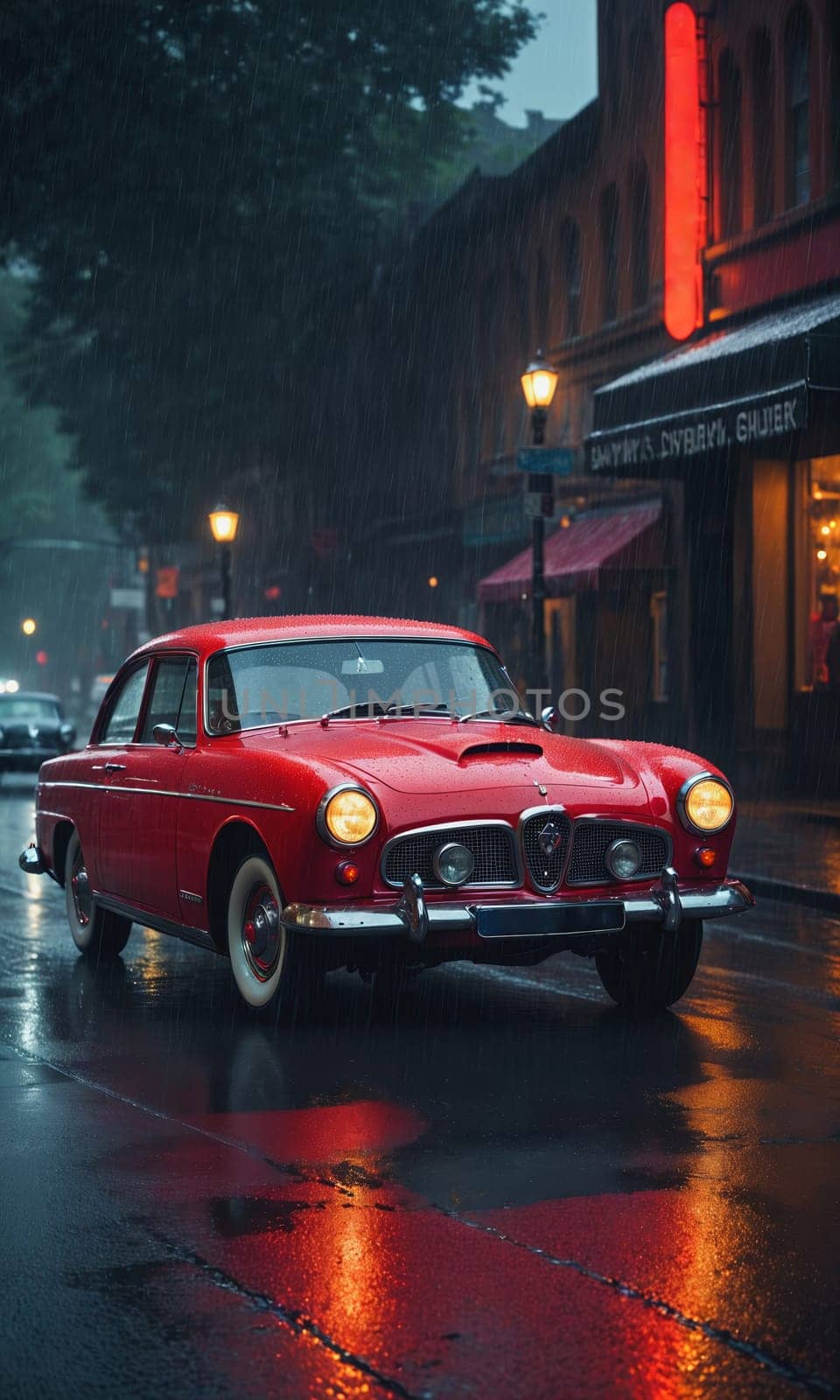 A classic red car with a shiny exterior is parked on a wet city street. The rain enhances the vibrant color of the vintage automobile.