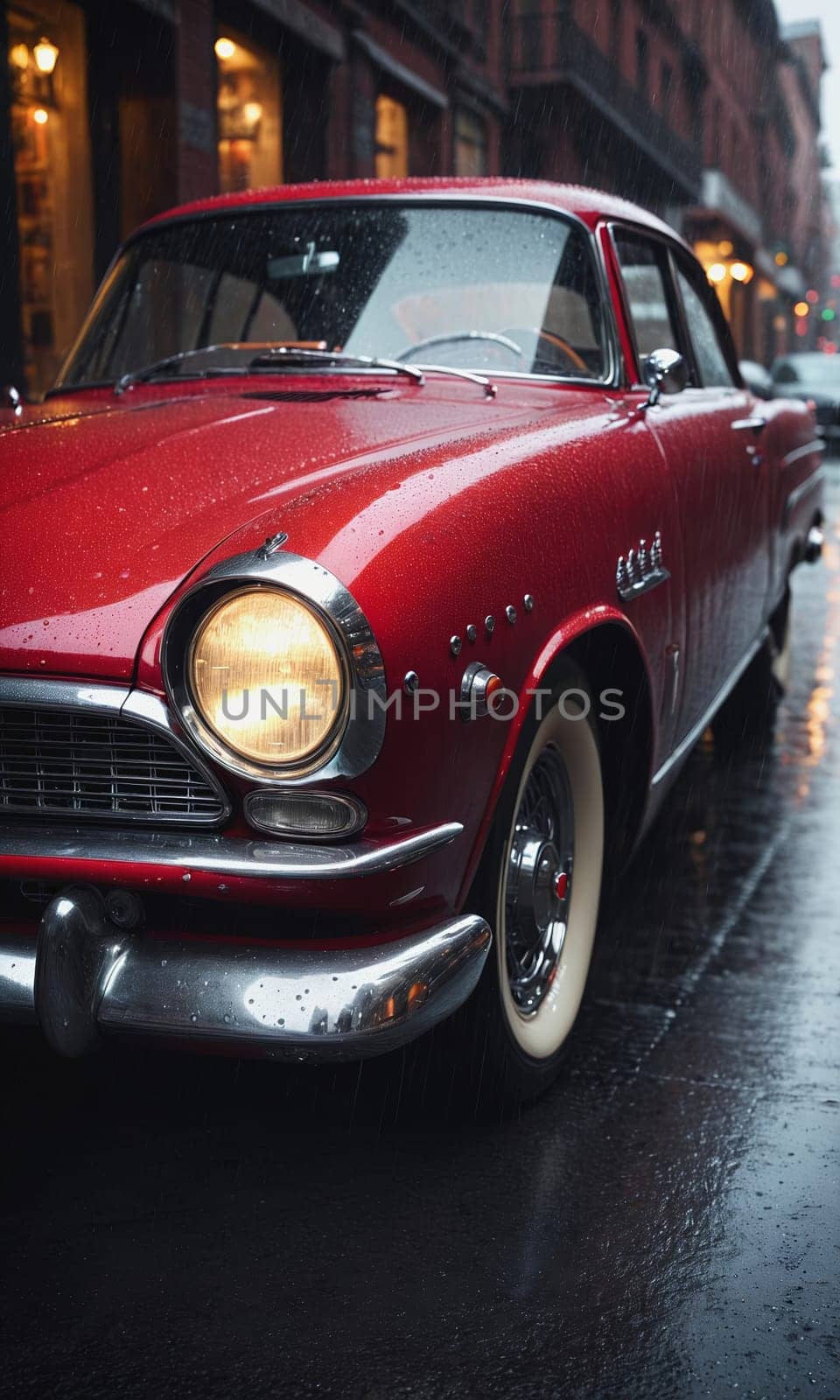 A classic red car with a shiny exterior is parked on a wet city street. The rain enhances the vibrant color of the vintage automobile.