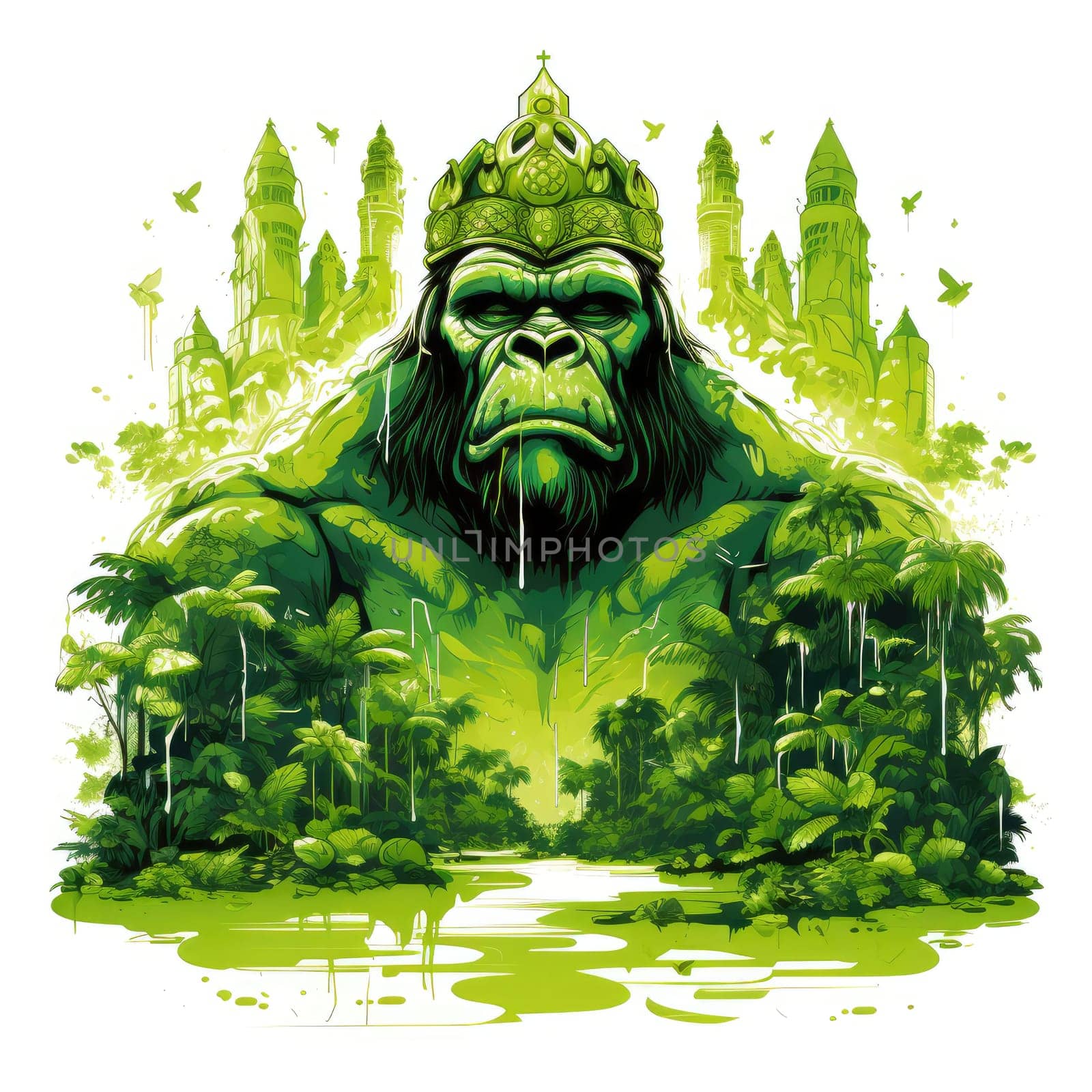 King Kong against a tropical background. Template for t-shirt print, mtiker, poster, etc.