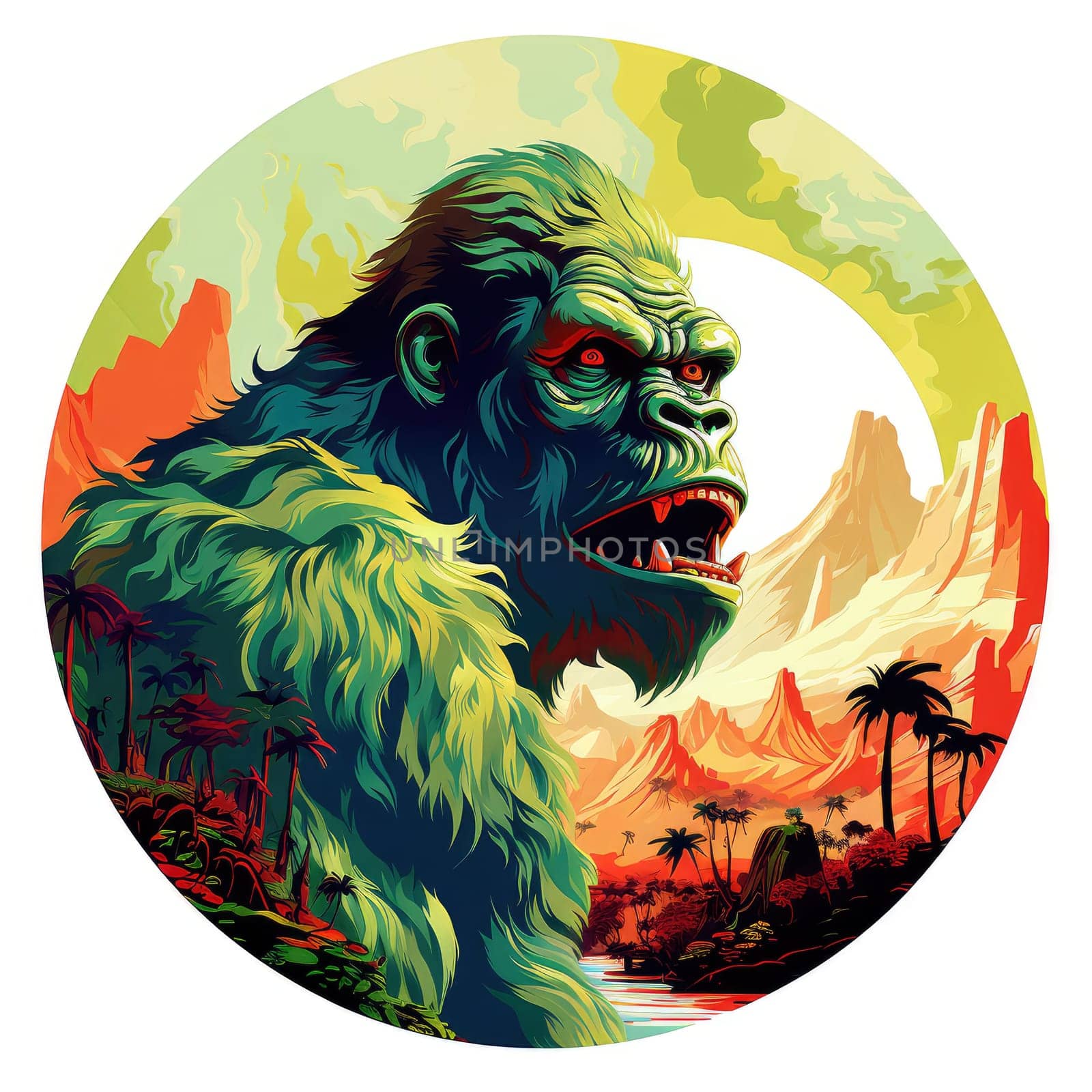 King Kong against a tropical background. Template for t-shirt print, mtiker, poster, etc.