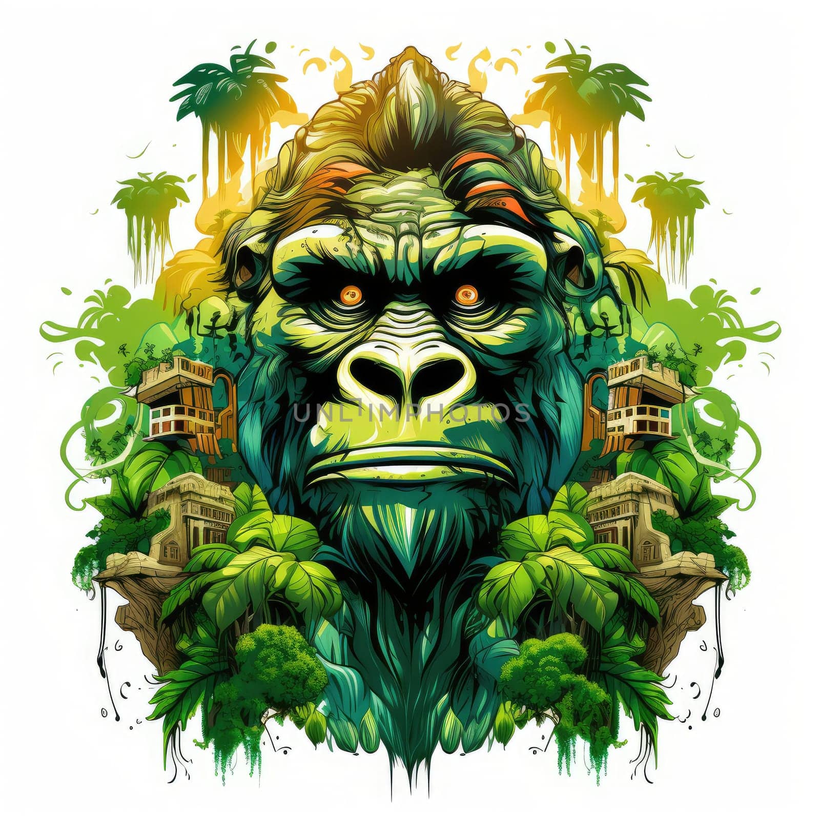 King Kong against a tropical background. Template for t-shirt print, mtiker, poster, etc.