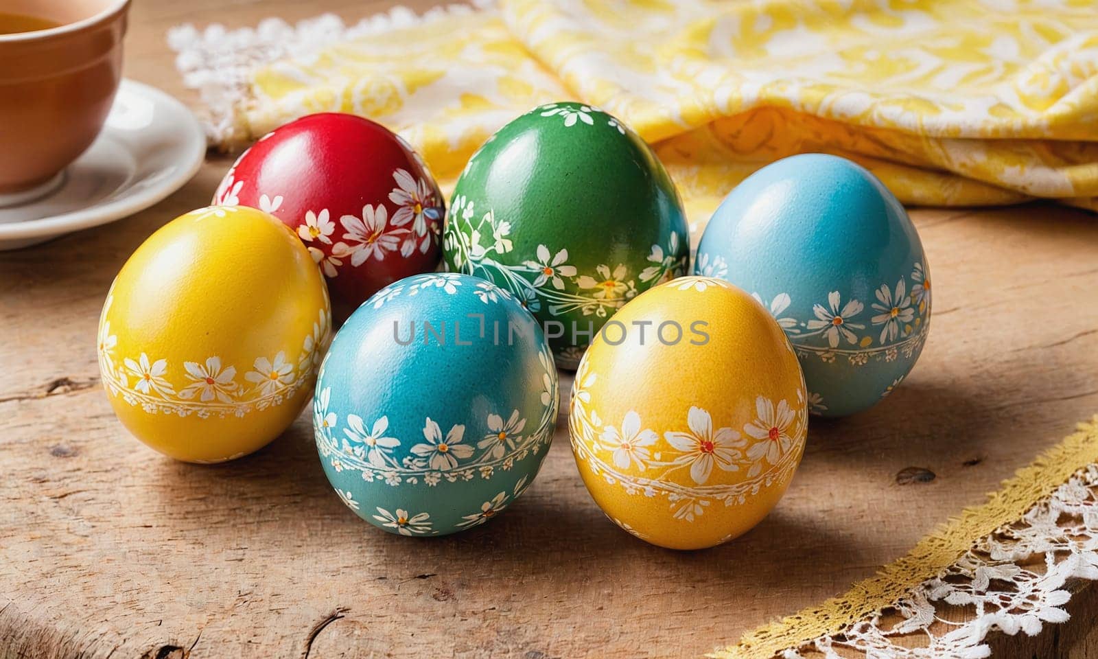 Hand-painted Easter eggs on a floral linen background, reflecting the warmth and tradition of the Easter holiday.