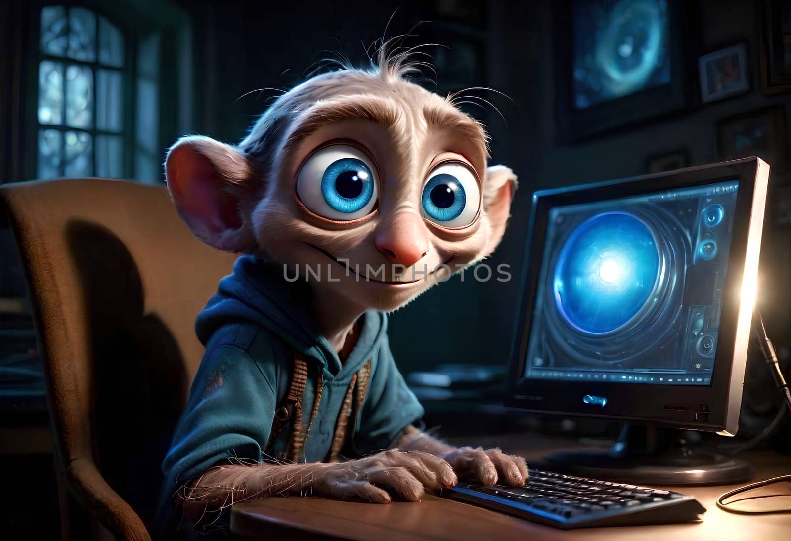 Ultra Realistic animated portrait of a webmaster sitting near a computer monitor with big round eyes. AI generated image.