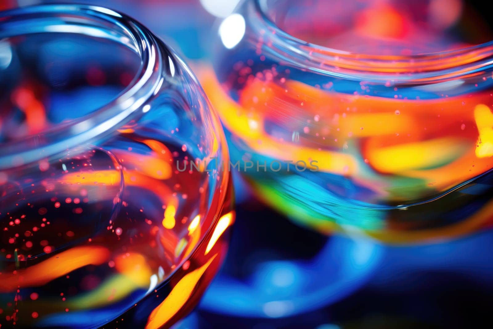 Bright colourful image of a variety of glass objects of different shapes and structures in neon colours. Background and texture. Light and colour.