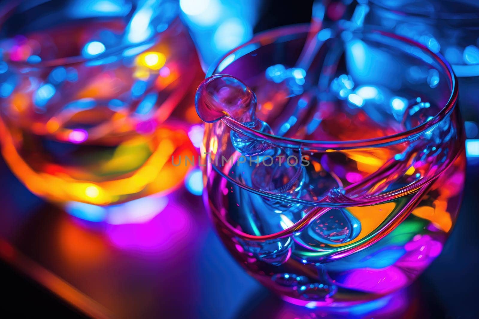 Bright colourful image of a variety of glass objects of different shapes and structures in neon colours. Background and texture. Light and colour.