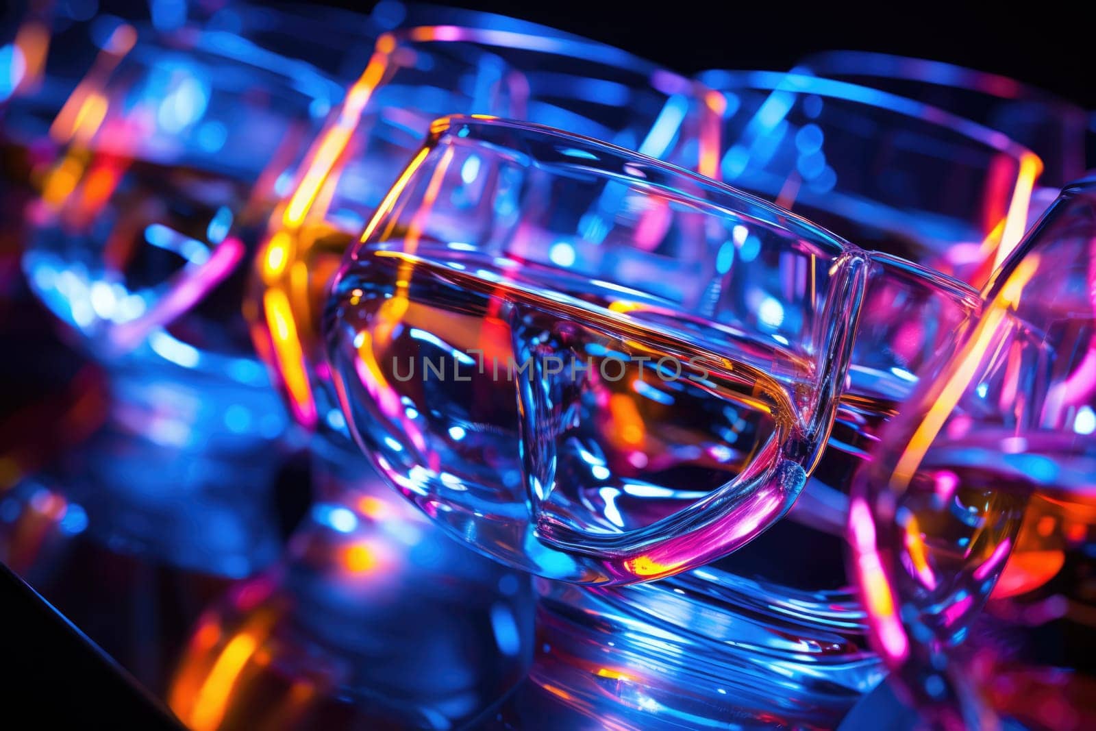 Bright colourful image of a variety of glass objects of different shapes and structures in neon colours. Background and texture. Light and colour.