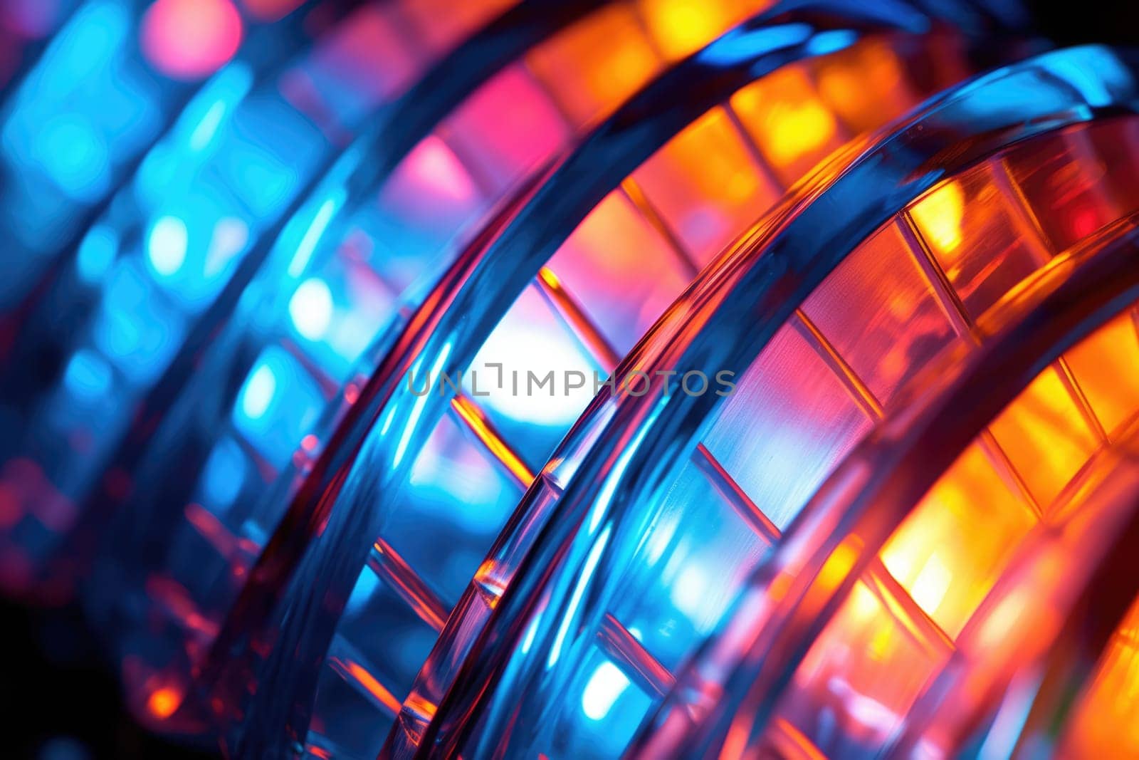 Bright colourful image of a variety of glass objects of different shapes and structures in neon colours. Background and texture. Light and colour.