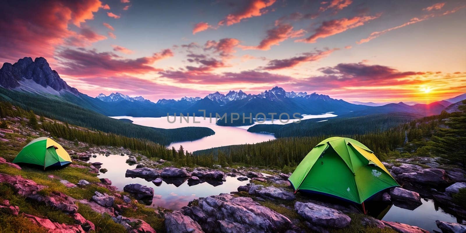 A breathtaking scene at dusk: a serene mountain forest by a glittering lake with a tent pitched. Generative AI