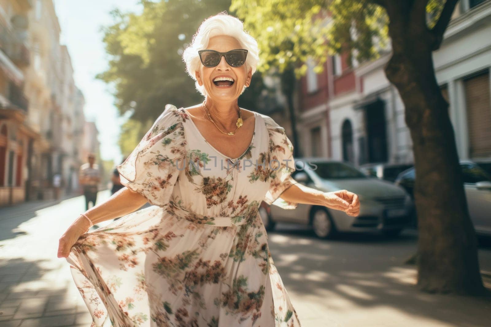 Elderly woman dancing on city street. Active seniors and urban lifestyle concept. Candid portrait with copy space for design and print. Joyful motion and freedom theme
