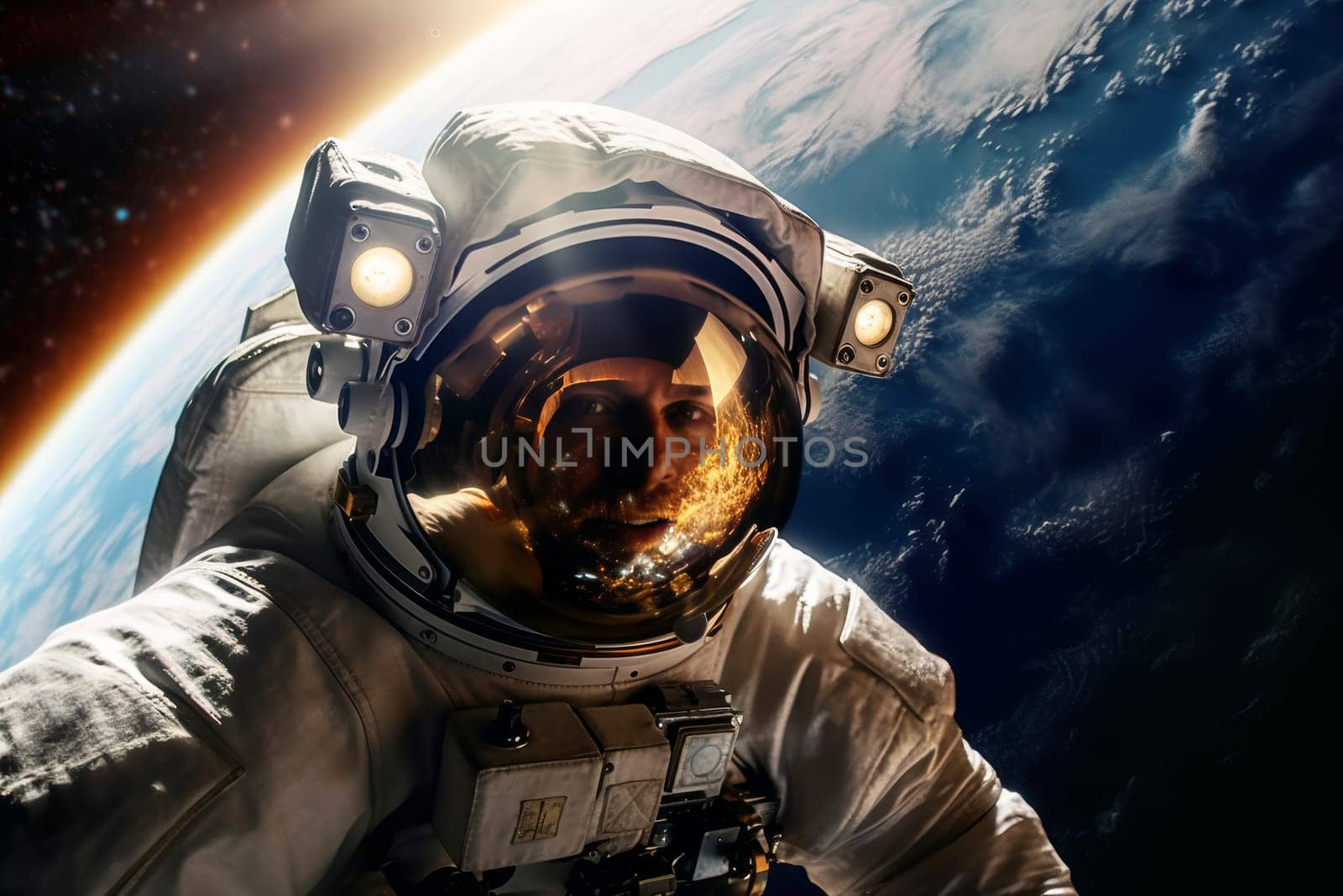 Astronaut floating in space with Earth's horizon in the background. Spacewalk and adventure concept. Suitable for poster, educational materials, and science communication. Wide-angle shot with copy space