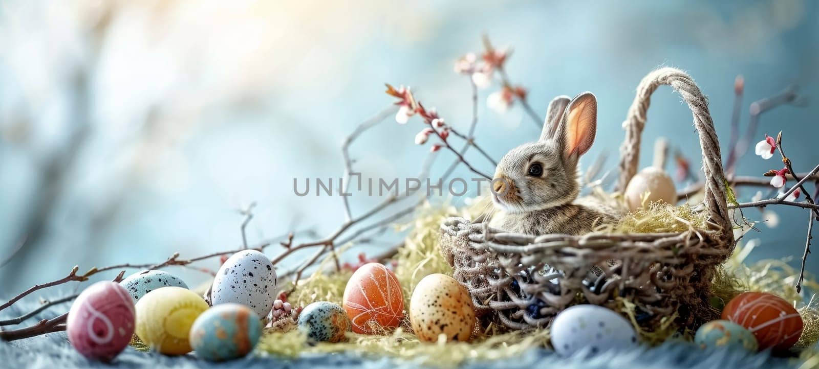 Rabbit in wicker basket with colored Easter eggs and flowers on a blue background. Easter celebration concept. Design for greeting card or invitation with place for text. Wide banner composition