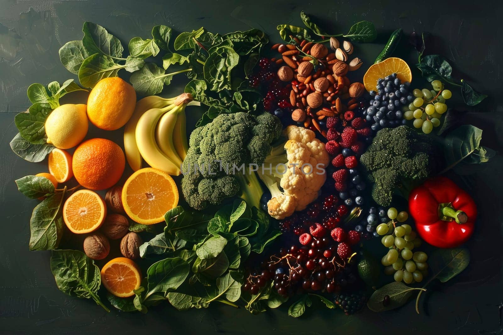 Assortment of fruits and nuts arranged in a brain shape on a dark background, symbolizing healthy brain food with copy space. Concept for nutrition and cognitive health