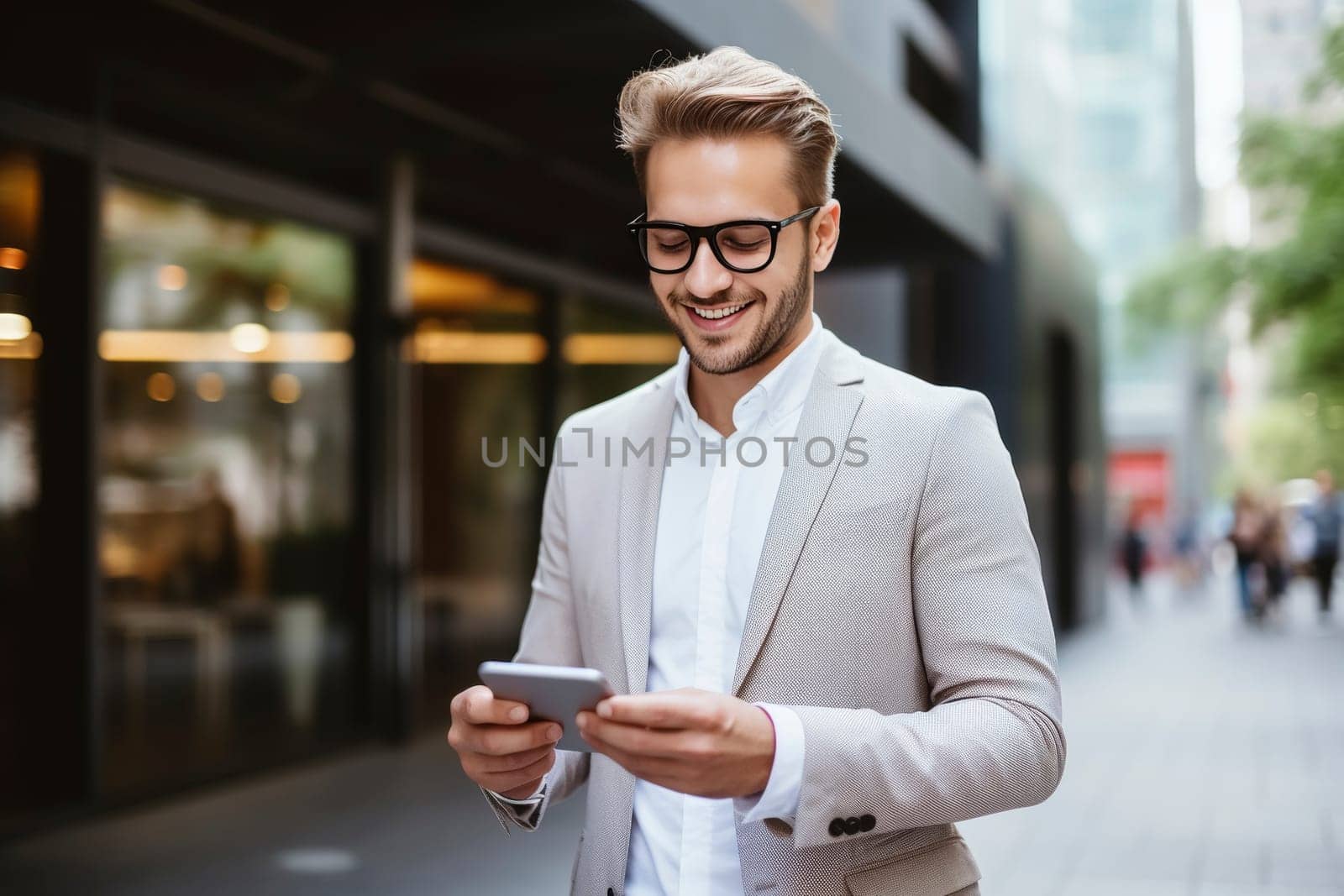 Smiling young man using smartphone in city. Casual style outdoor shoot. Modern urban lifestyle and technology concept for design and print
