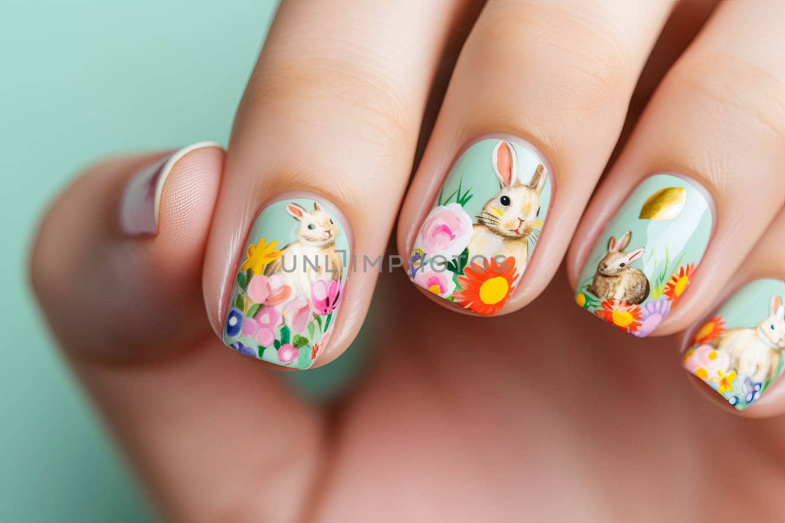 Female hand with a creative and beautiful nail design on the Easter theme.