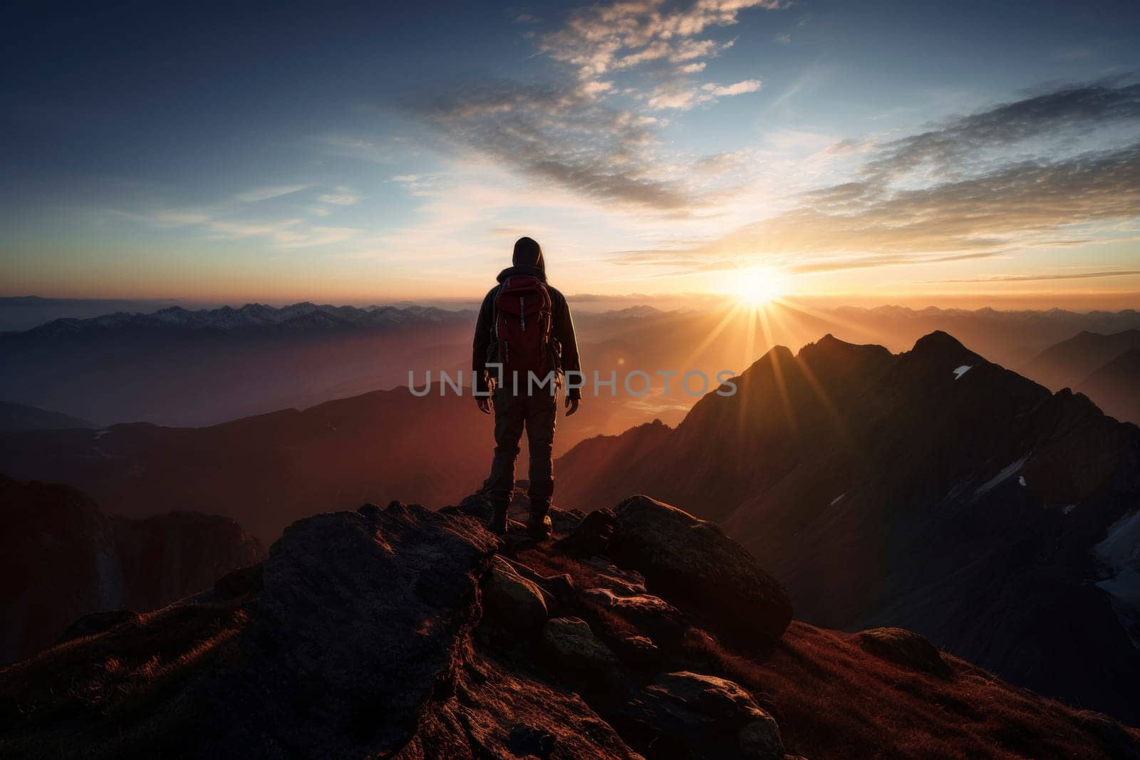 Adventurer standing on mountain peak at sunrise. Exploration and adventure concept. Nature and wilderness theme for design and print