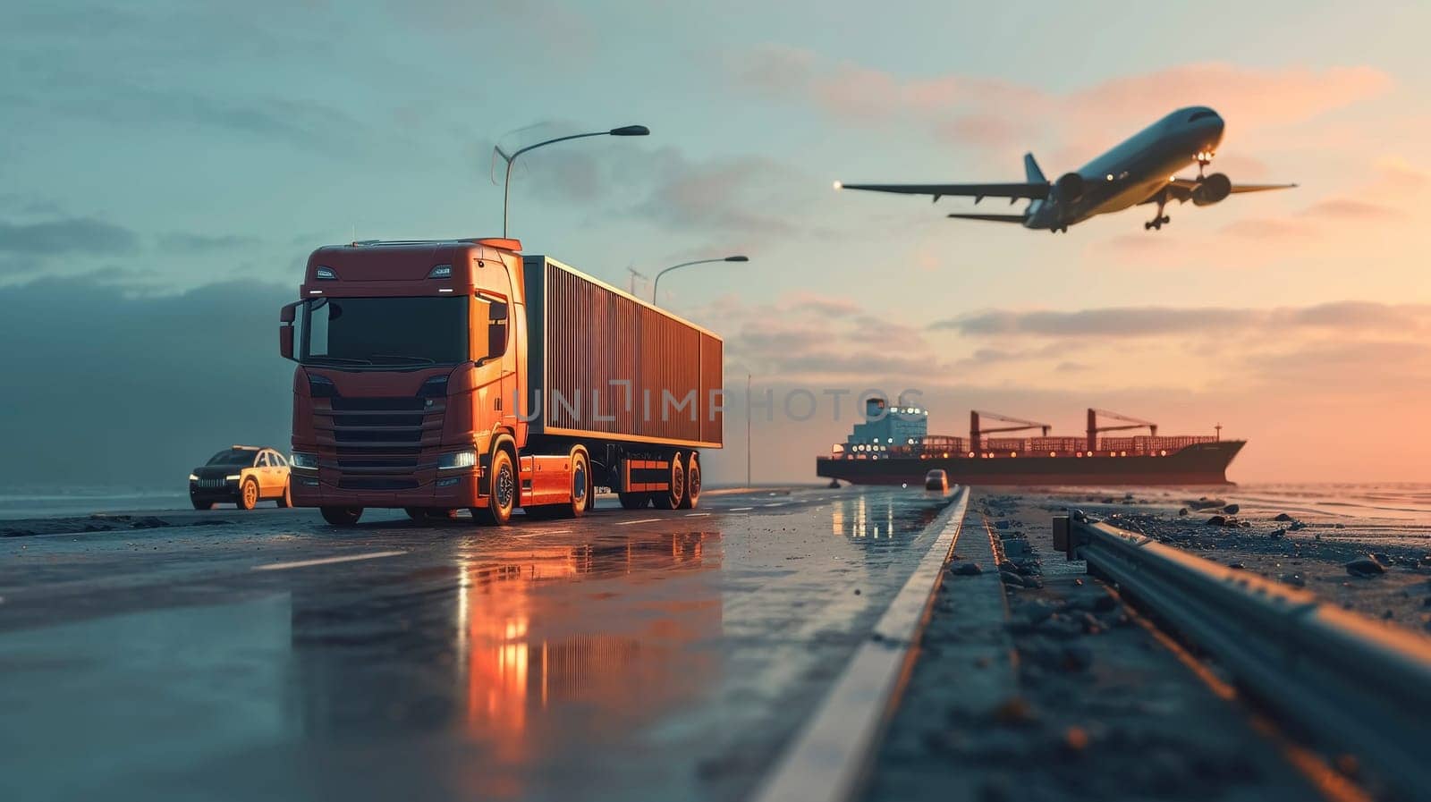 A vibrant sunset at a transportation hub with a cargo truck, airplane, and ship signaling busy commerce.