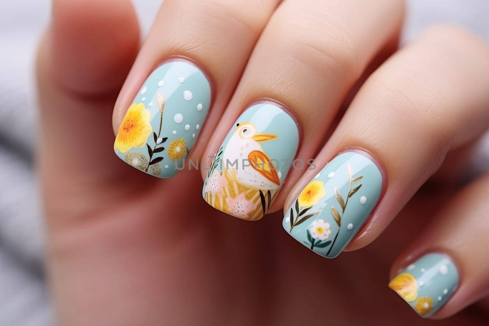 Female hand with a creative and beautiful nail design on the Easter theme.