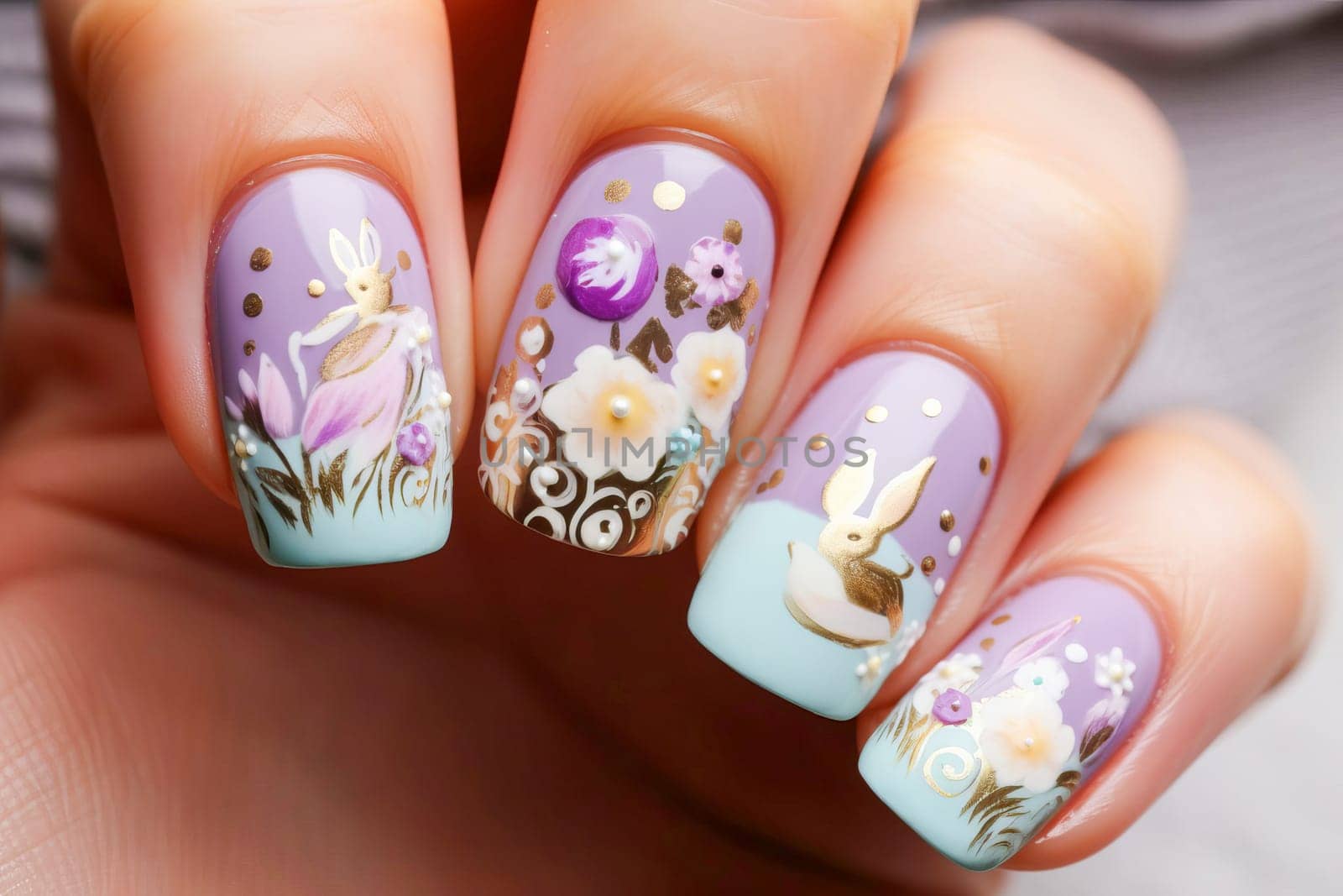 Female hand with a creative and beautiful nail design on the Easter theme.