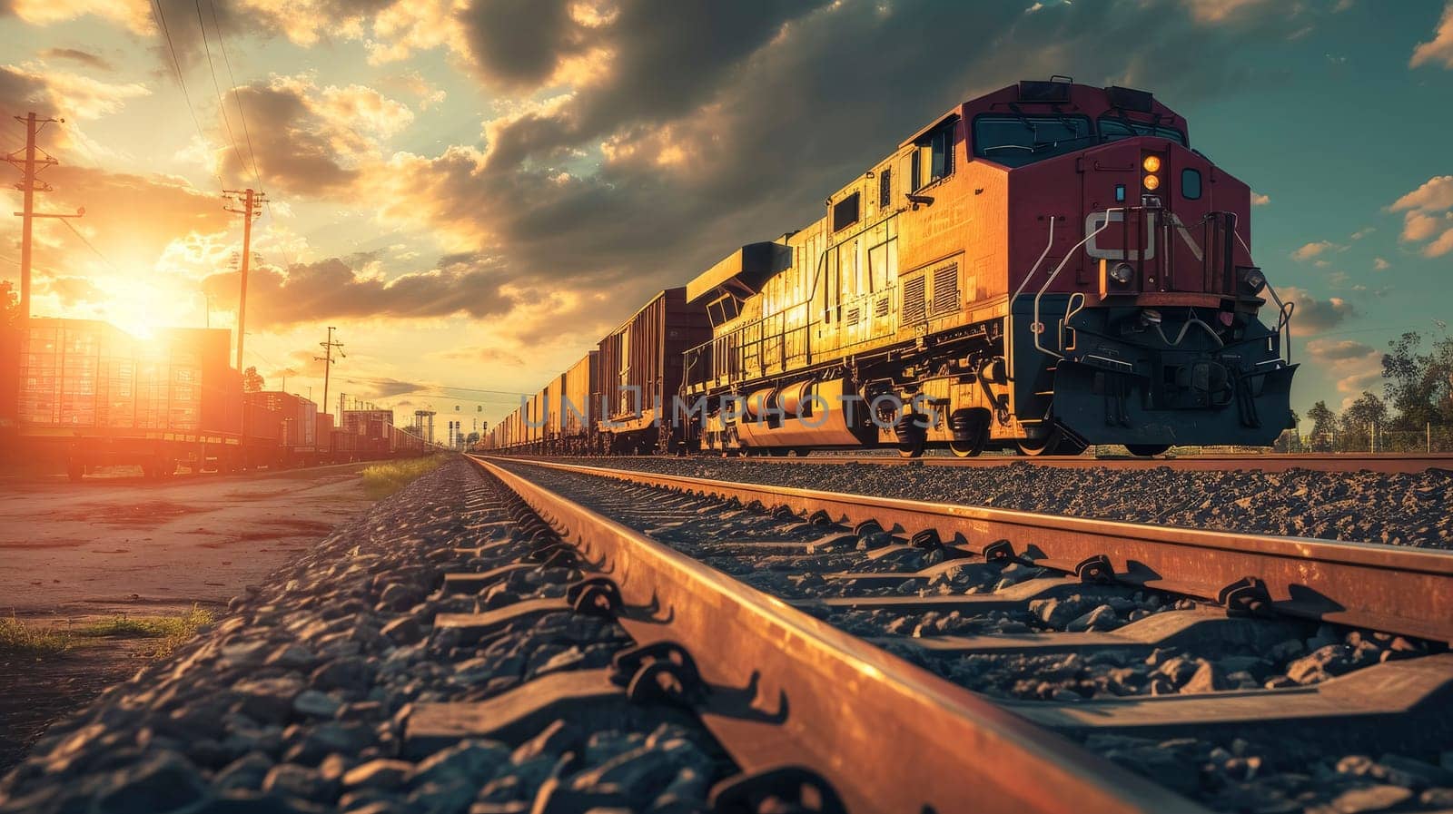 A vibrant sunset casts golden hues over a long cargo train moving along railway tracks.