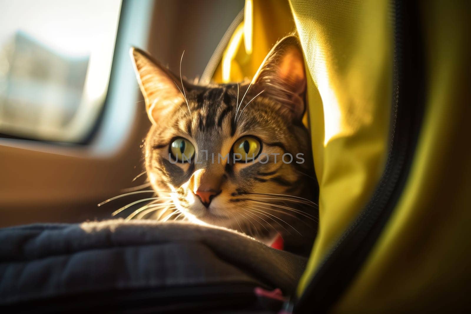 Cat peeking out of pet carrier bag in sunlit vehicle. Candid pet travel concept. Design for pet accessories promotion, travel banner