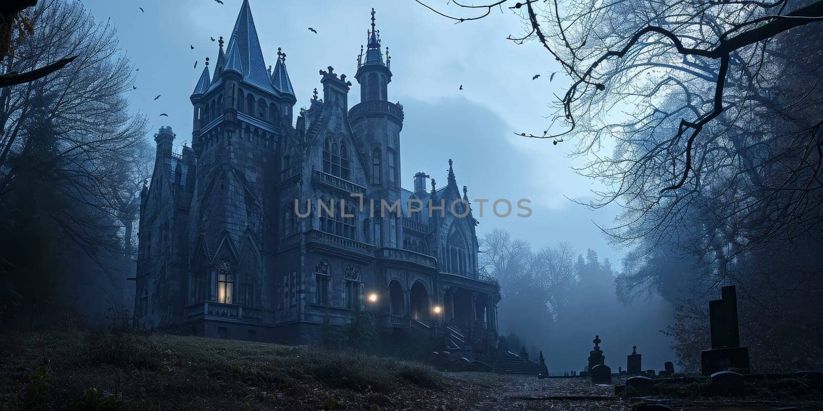 Gothic castle at twilight with mist and crows. Spooky Halloween theme. Landscape shot with space for text for design and print