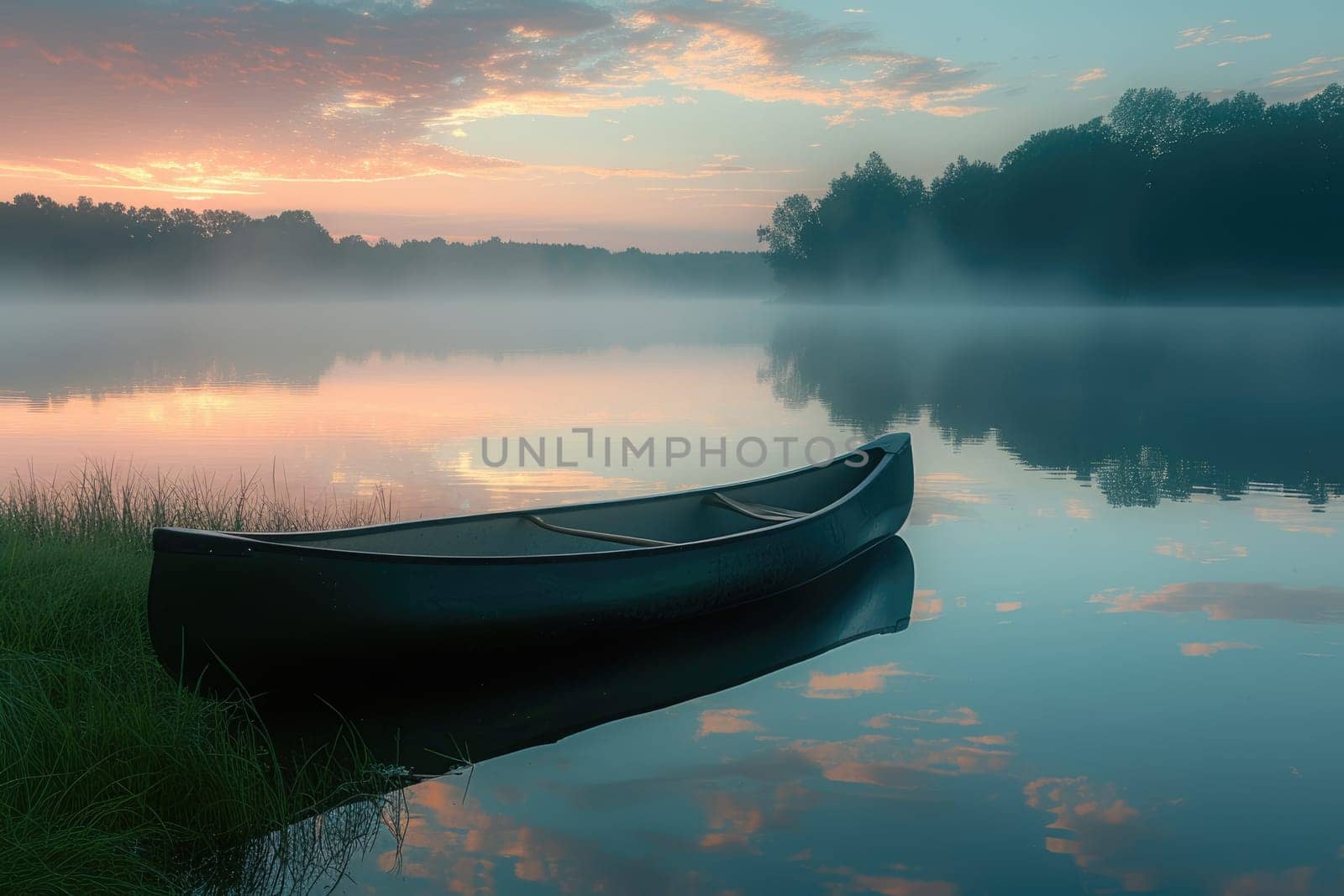 Canoe on a Misty Lake at Sunrise. Resplendent. by biancoblue