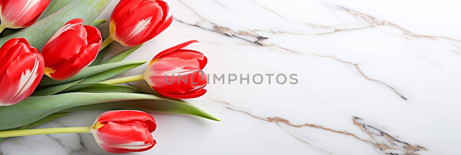 Banner with a bouquet of tulips. Copy space, place for text. by OlgaGubskaya