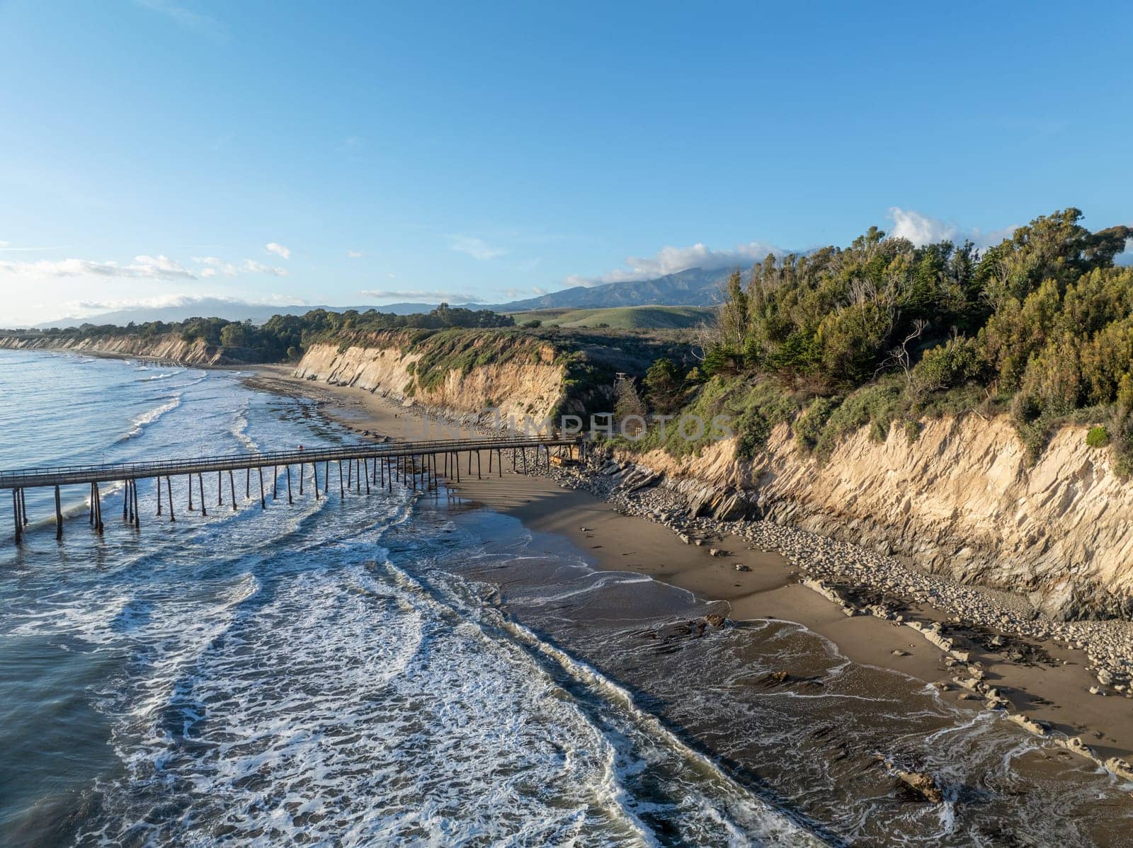 Aerial view of the cliff and beach with ocean in Santa Barbara California, USA