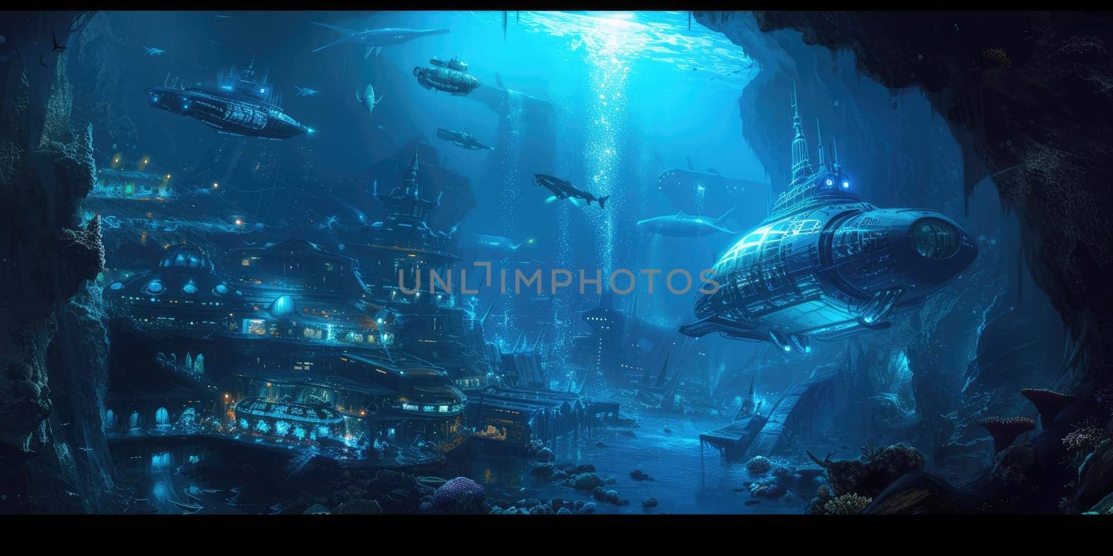 An underwater city with bioluminescent coral, schools of colorful fish, and ancient ruins, all illuminated by the eerie glow of an underwater volcano. Resplendent.