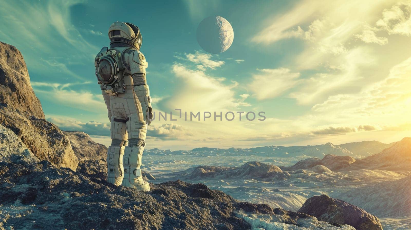 An astronaut in a space suit exploring a distant planet's surface, futuristic space exploration concept, alien landscape. Resplendent.