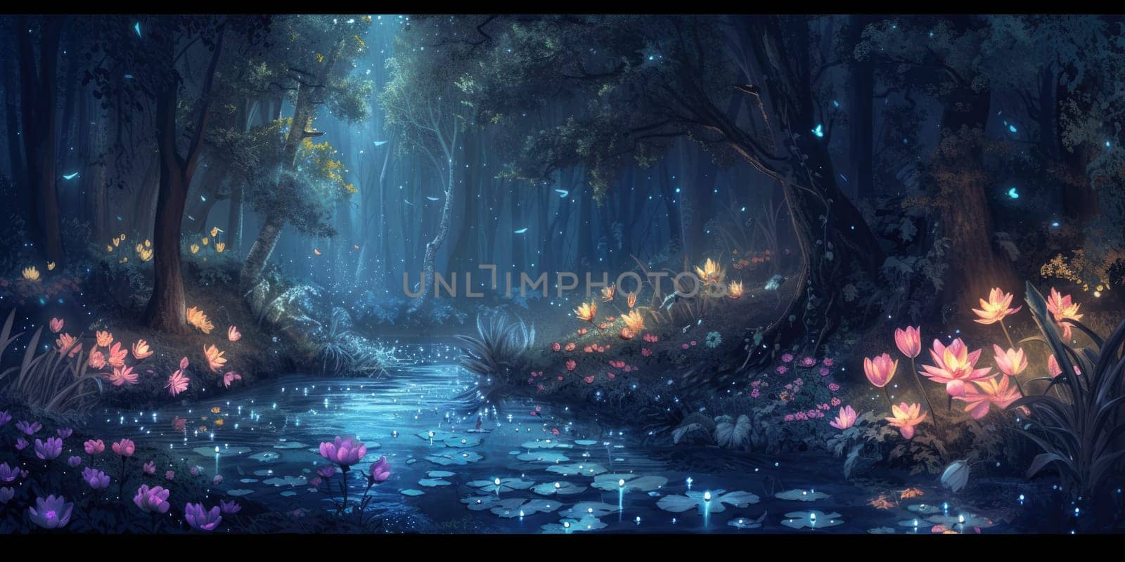 An enchanted forest at night, with glowing flowers,. Resplendent. by biancoblue