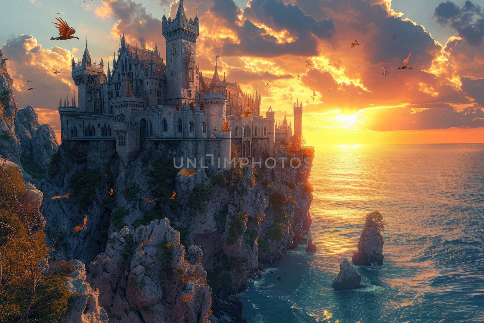 A medieval castle on a cliff overlooking the ocean, with knights and dragons. Medieval castle, cliffside setting, ocean view, knights, dragons, epic fantasy. Resplendent.