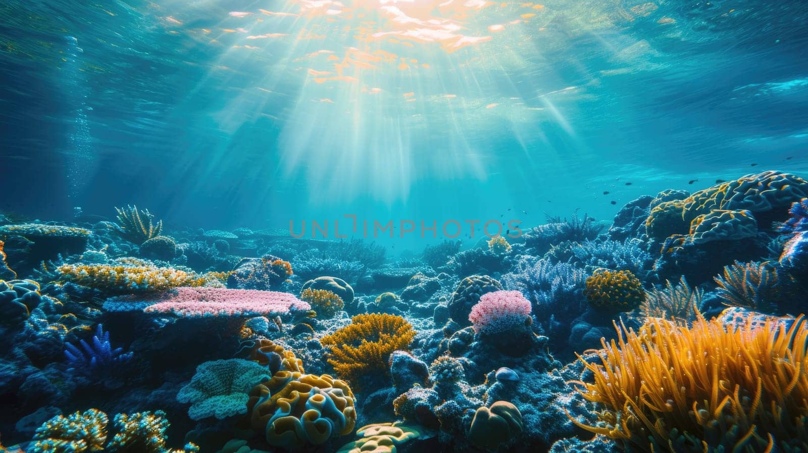 An underwater coral reef scene, diverse marine life, vivid colors, showcasing the beauty and diversity of ocean life. Underwater photography, coral reef ecosystem, diverse marine life,. Resplendent.