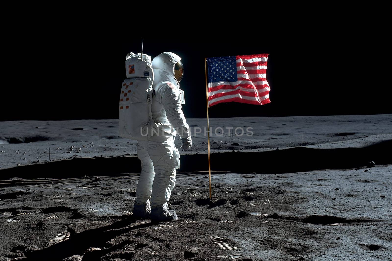 An astronaut in a space suit explores the lunar terrain as the US flag stands out against the dark lunar landscape.