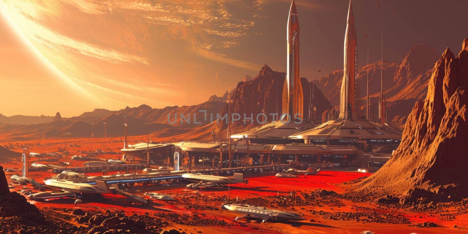 Futuristic Mars Spaceport with Starships. Resplendent. by biancoblue