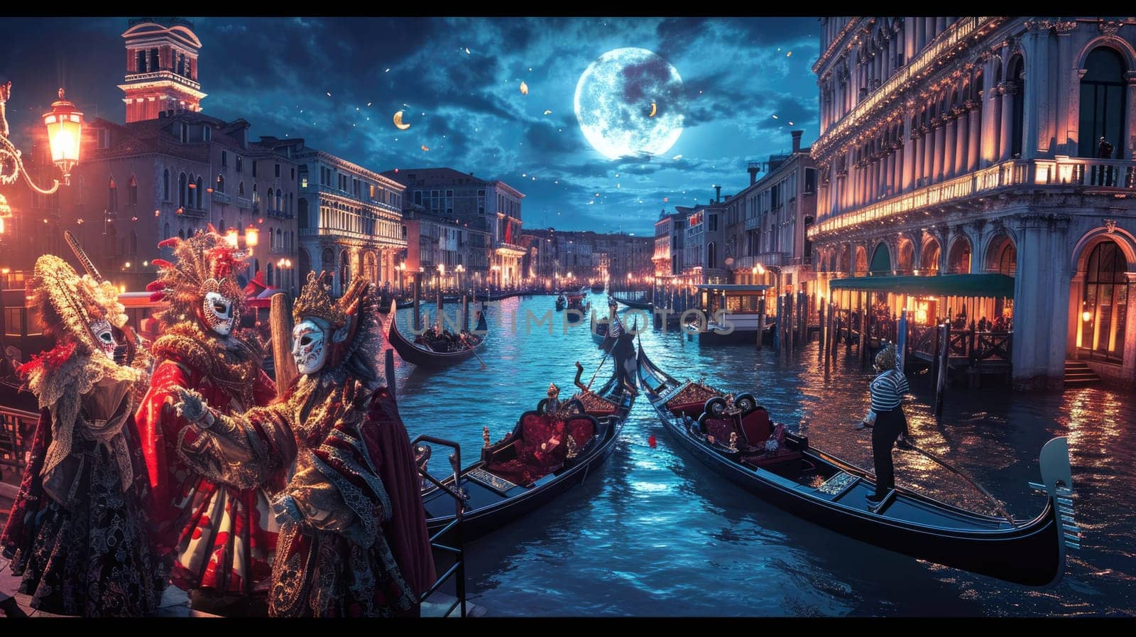 A grand Venetian carnival scene, elaborate masks. Resplendent. by biancoblue