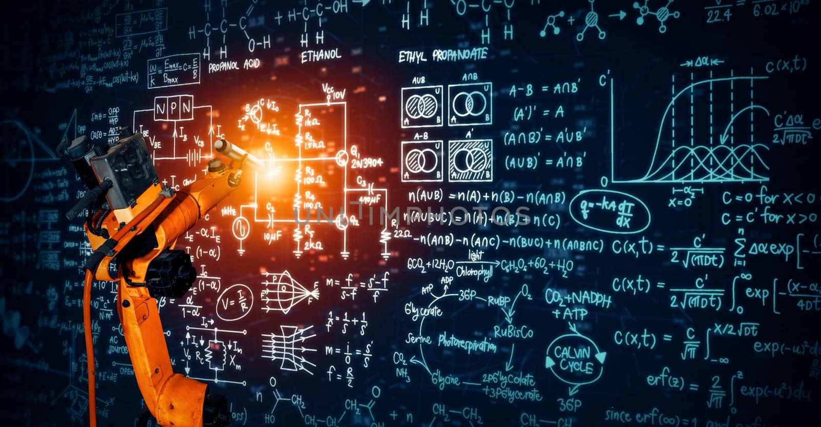 XAI Robot arm AI analyzing mathematics for mechanized industry problem solving. Concept of robotics technology and machine learning for automated manufacturing process.