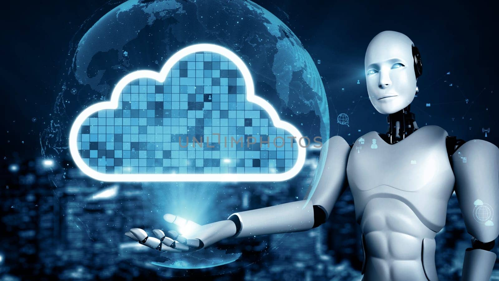 XAI AI robot huminoid uses cloud computing technology to store data on online server by biancoblue